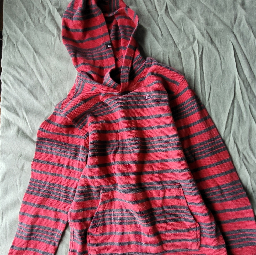 Quiksilver Red and Black Striped Hooded Sweatshirt
